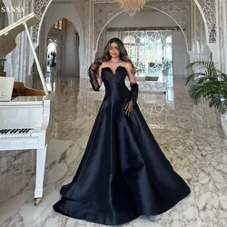 Sansa Elegant Black Strapless Party Dresses O-Neck A-line Glitter vestidos de fiesta Satin Back Zippe Floor-Length  فساتين سهرة