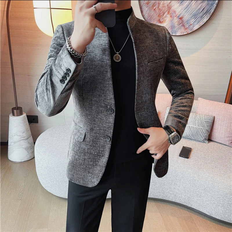 Autumn Corduroy Stand Up Collar Suit Jacket Men Slim Fit Casual Business Blazers Street Wear Social Banquet Party Suit Jackets