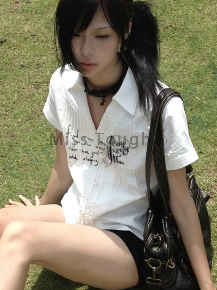 Karrram Y2k Aesthetics Pleated Shirt Grunge Gothic Skull Print White Shirts Trashy 2000s Style V-neck Blouses Japanese Harajuku