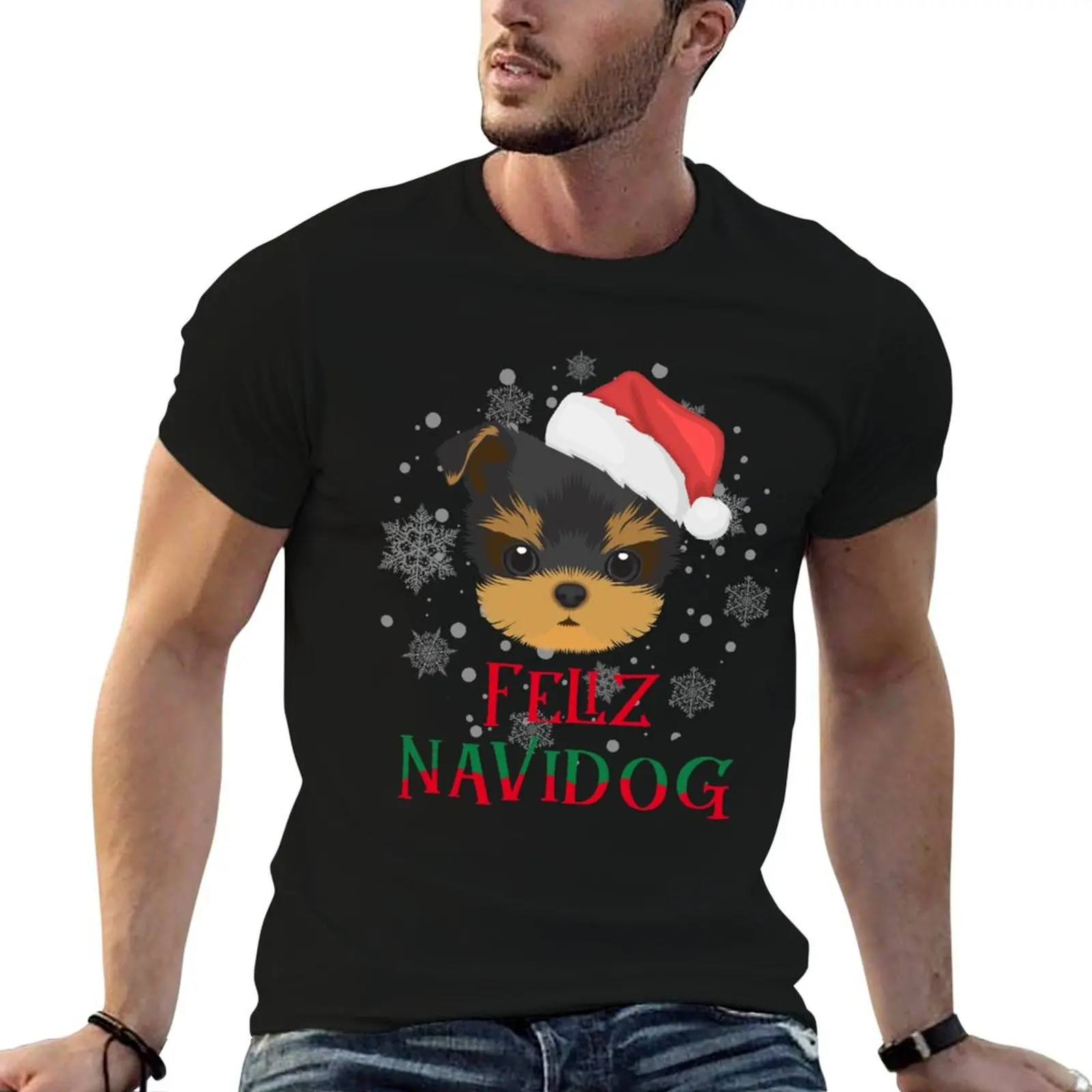 

Yorkshire Terrier Christmas Dog Feliz Navidog T-Shirt man t shirt cotton men t shirt cotton 100% T-Shirt