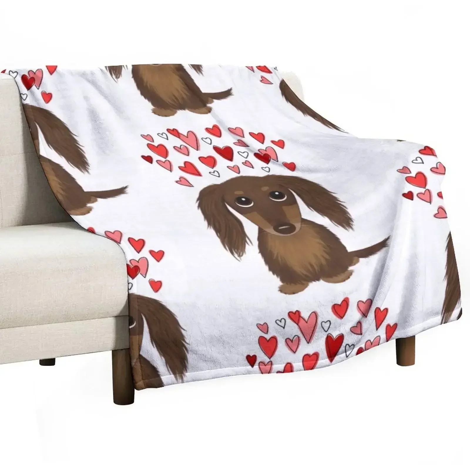 

Hearts Dog Longhaired Chocolate Dachshund Cartoon Dog with Valentine Hearts Throw Blanket blankets ands Blankets