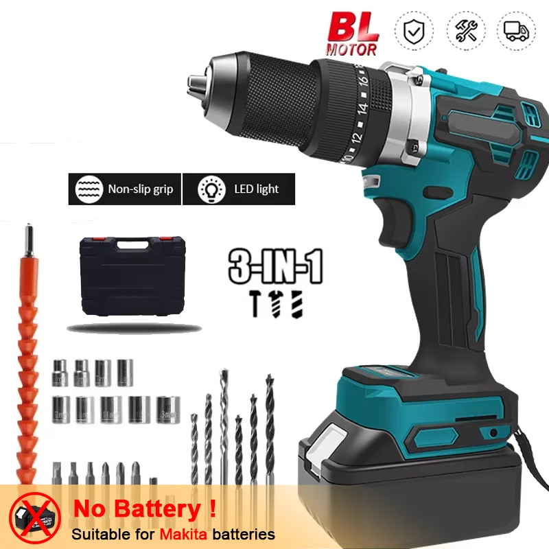 

Brushless Hammer Cordless 13mm Impact Drill Electric Screwdriver Power Tool 3 in 1 20+3 Torque for Makita Battery 18V