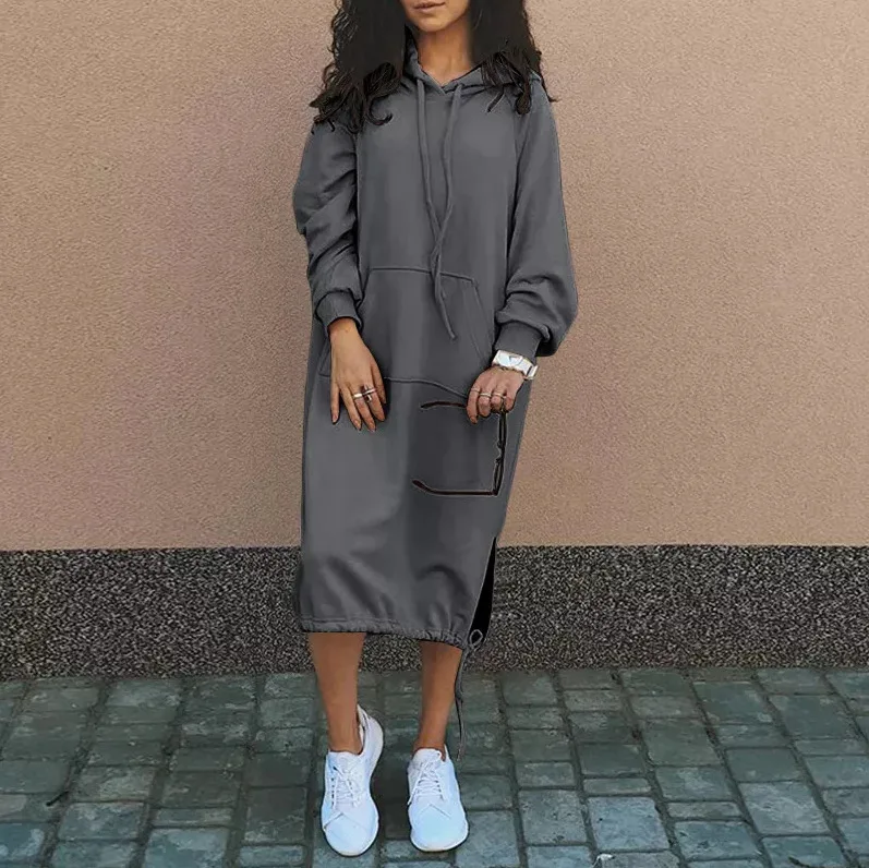 2023 herfst- en wintermode nieuwe damestrui gewaad grote capuchon elegante zak split warme hoodie lange jurk - afbeelding 1