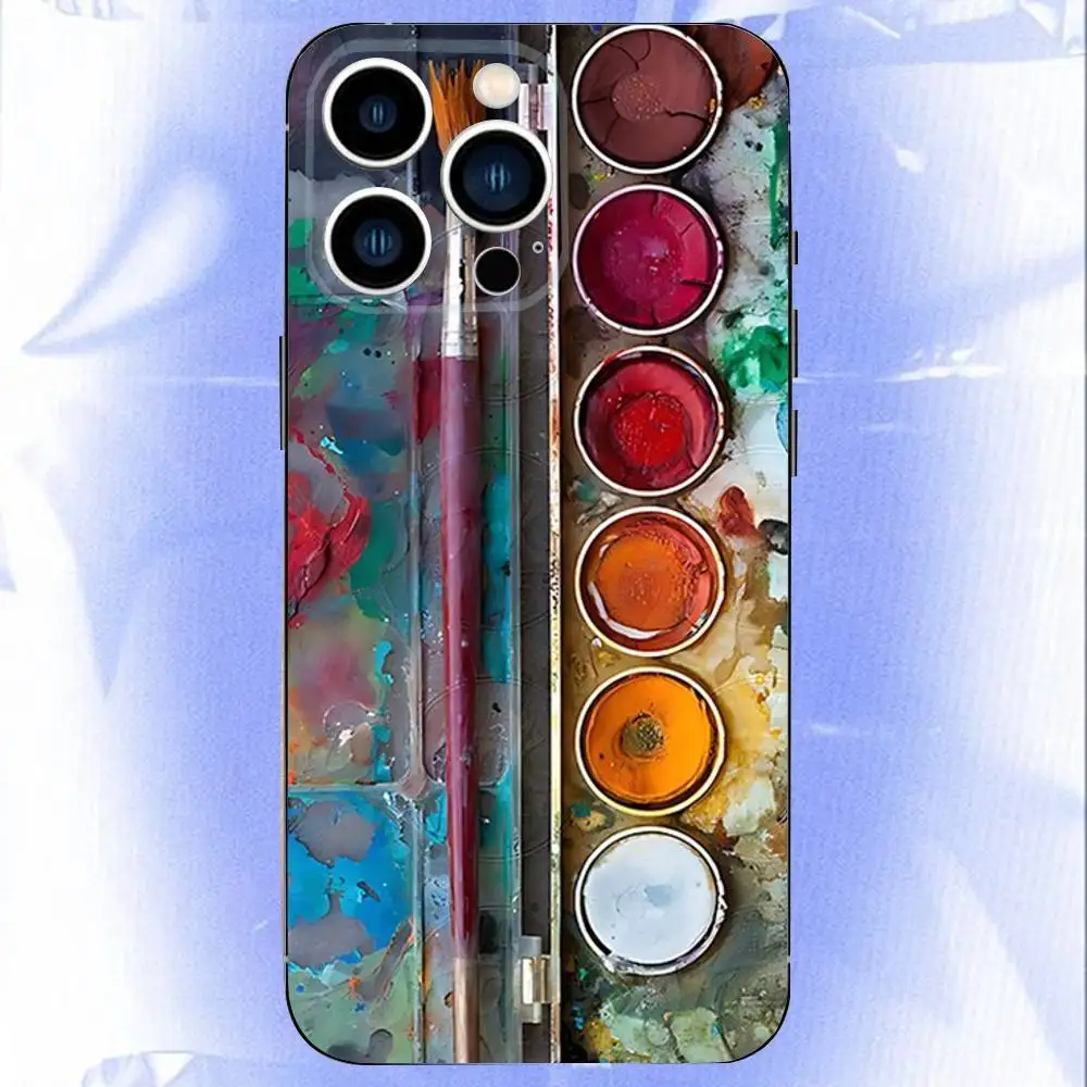مجموعة الألوان المائية حالة الهاتف لوحة الطلاء 	   لهاتف iPhone 16e,16,15,14,13,12,11,Pro,X,XS,Max,XR,Plus,غطاء أسود ناعم صغير
