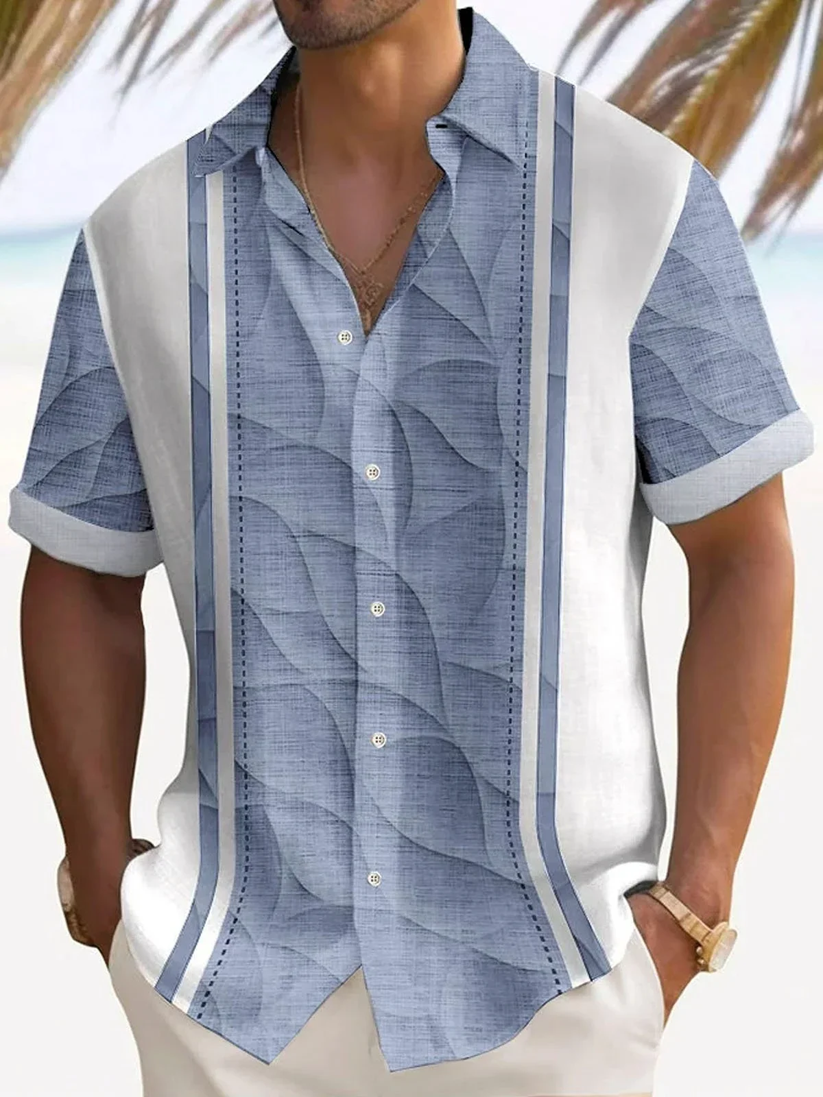 Men's light color floral 3D printed lapel short sleeve buttons light and breathable Hawaiian beach clothes business simple Top