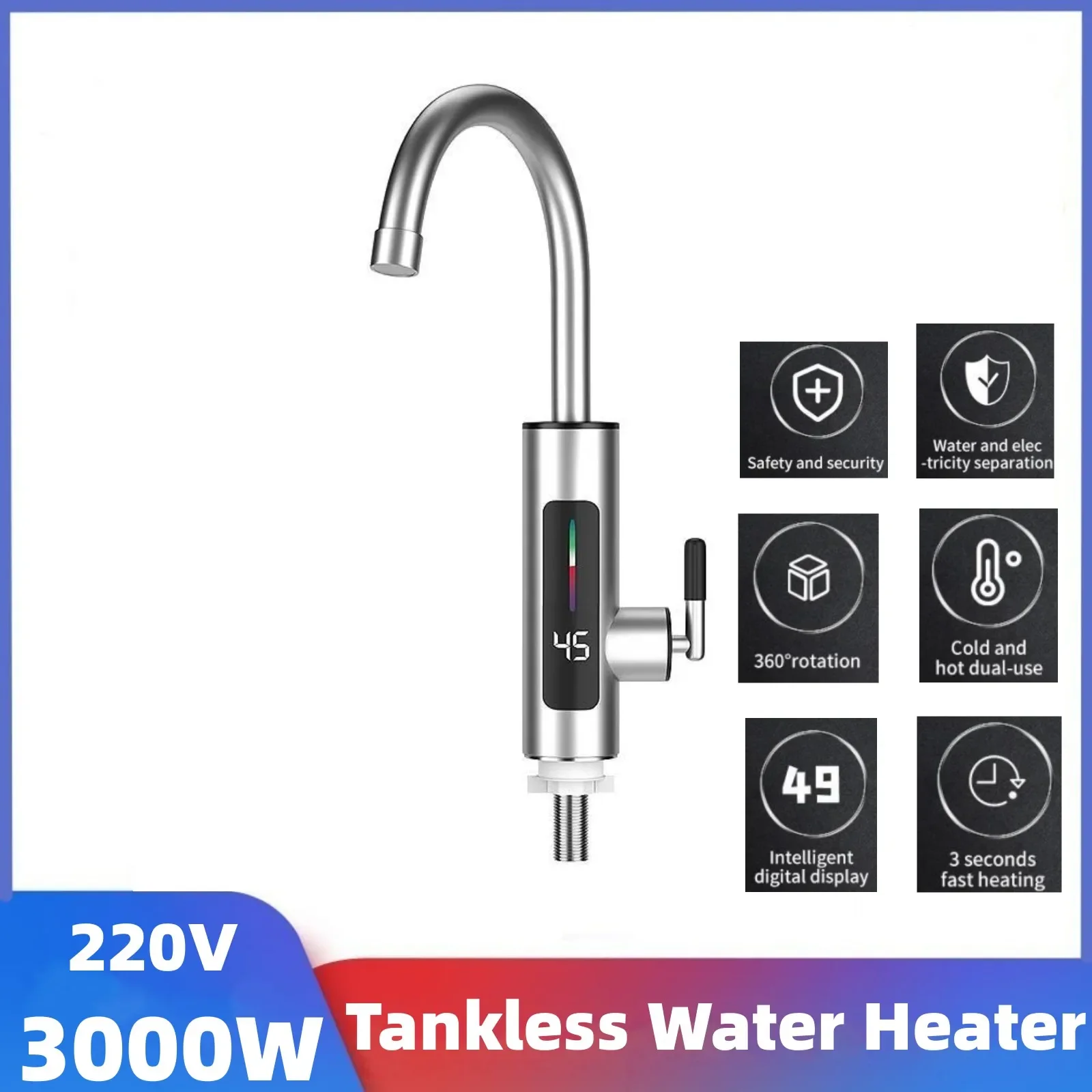 Electric Water Heater 3000W 220V 2 in 1 Kitchen Faucet Tankless Water Heater Tap Flowing Stainless Steel Electric Faucet Shower