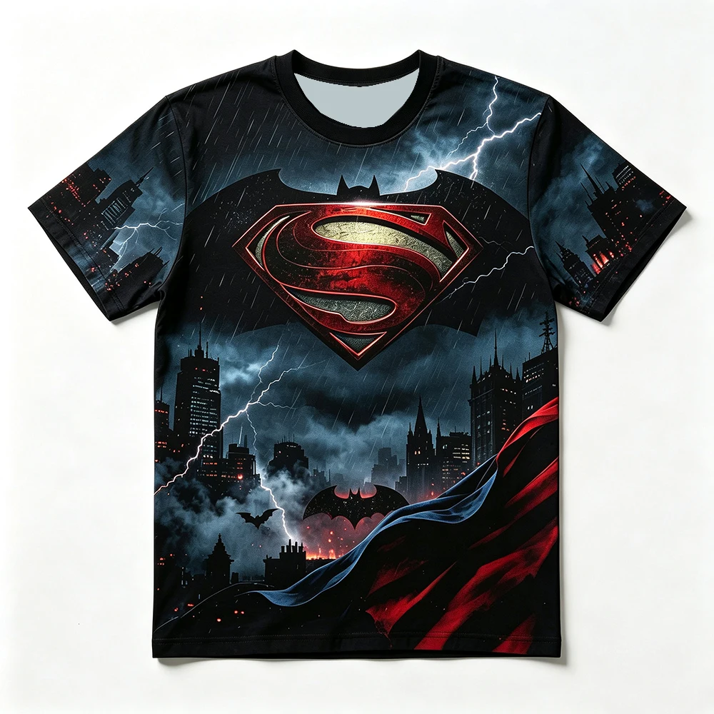 Men's Short Sleeved T-Shirt, Superman Batman DC Universe Element Print, Breathable and Comfortable