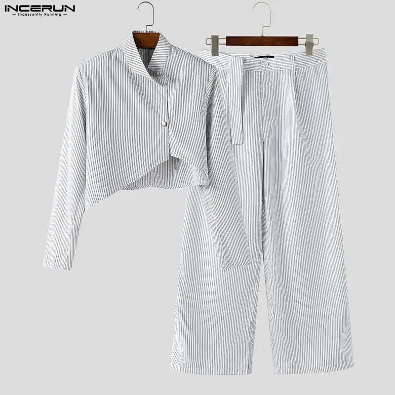 INCERUN, conjuntos para hombre, chaqueta corta elegante a rayas de manga larga y pantalones, conjuntos de dos piezas, ropa de calle holgada, trajes informales de moda para hombre 2025