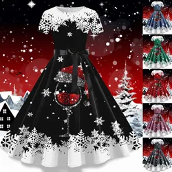 Women's Fashion Christmas Print Dress Ladies Winter Casual Slim Short-Sleeved Dresses Female Lace Splicing Hepburn Prom Dress