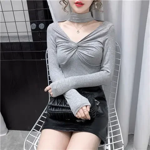 Blouse Women Autumn and Winter Knotted Slim-Fit V-neck Halter Long-Sleeved Shirts for Women Blusas Ropa De Mujer