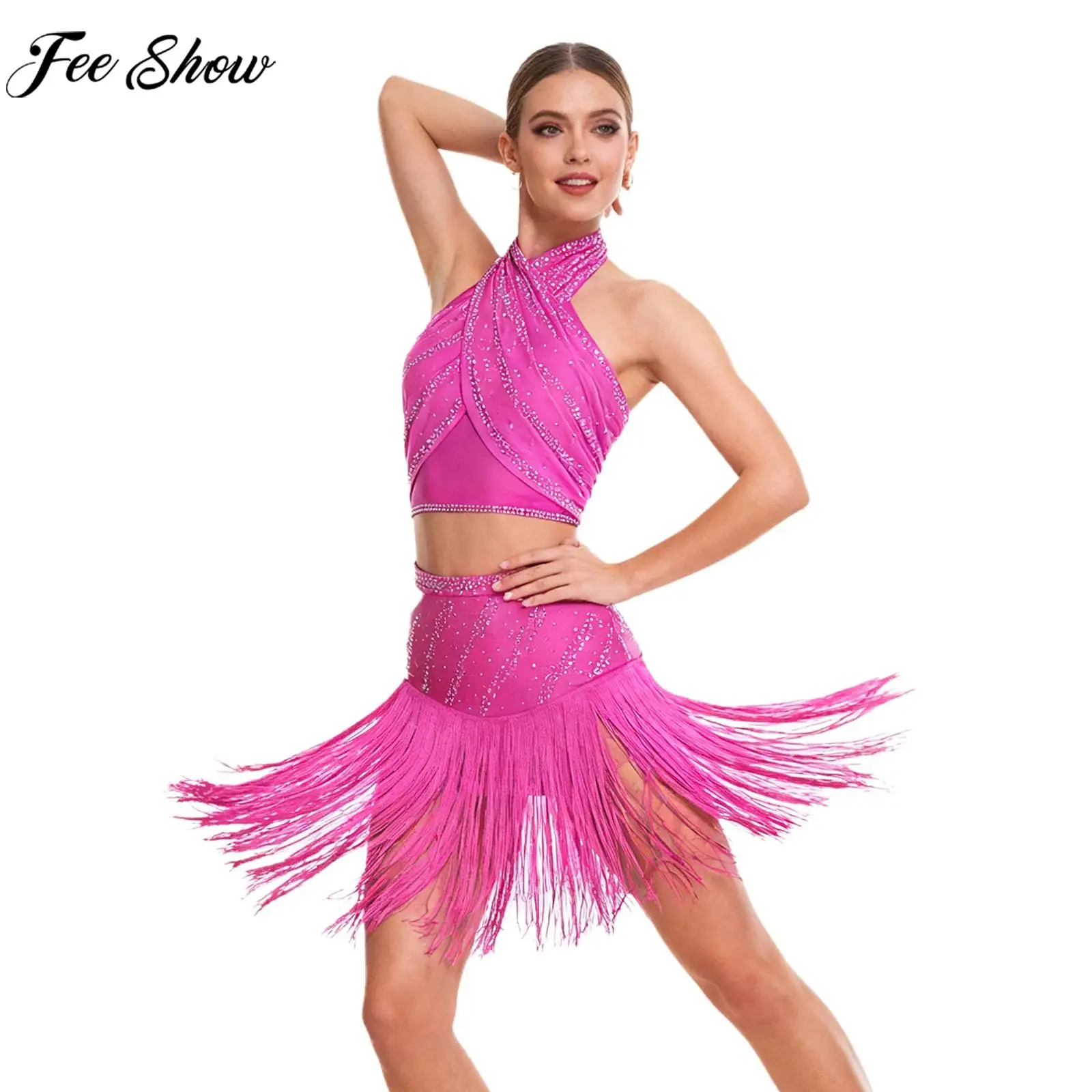 

Женский укороченный топ без рукавов со стразами и рюшами из сетки для латинских джазовых танцев и юбки с кисточками, бальный костюм для ча-ча, самбы, сальсы, танго