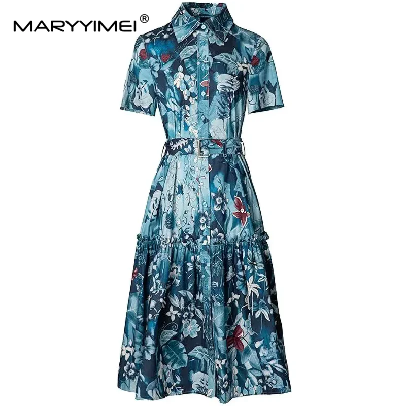 MARYYIMEI Summer Women's Dress Turn-Down Collar Short-Sleeved Lace-Up Single-Breasted Vintage Cotton Long Dresses