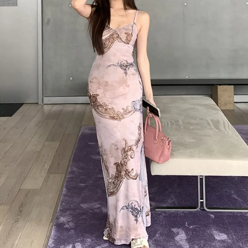 Summer 2025 Prethoracic Lace Embellished Printed Skirt Elastic Mesh Halter Dress Slimming Comfortable Waist New Arrivals