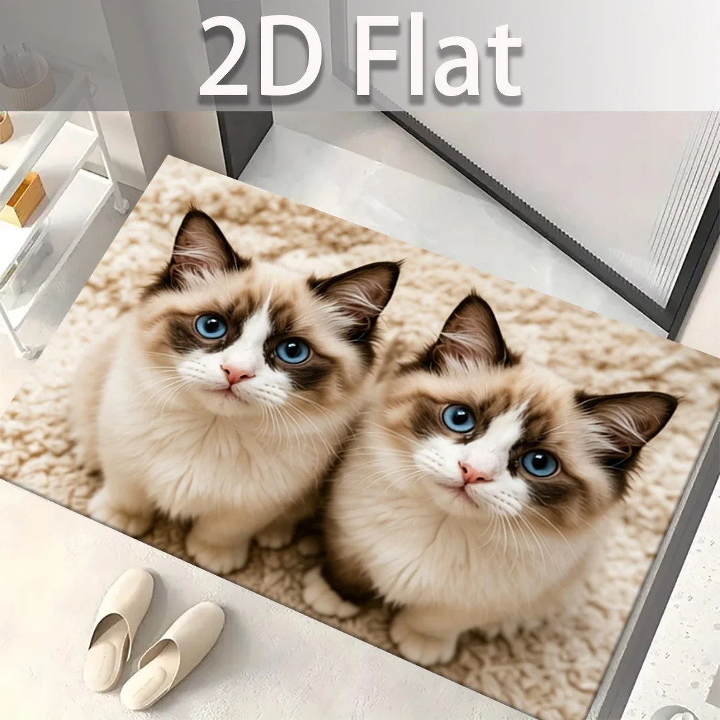 Ragdoll Cat Blue Eye Fluffy Beige Fur Texture Detail Print Non Slip Soft Rug For Cat Owner Home Entrance Decoration