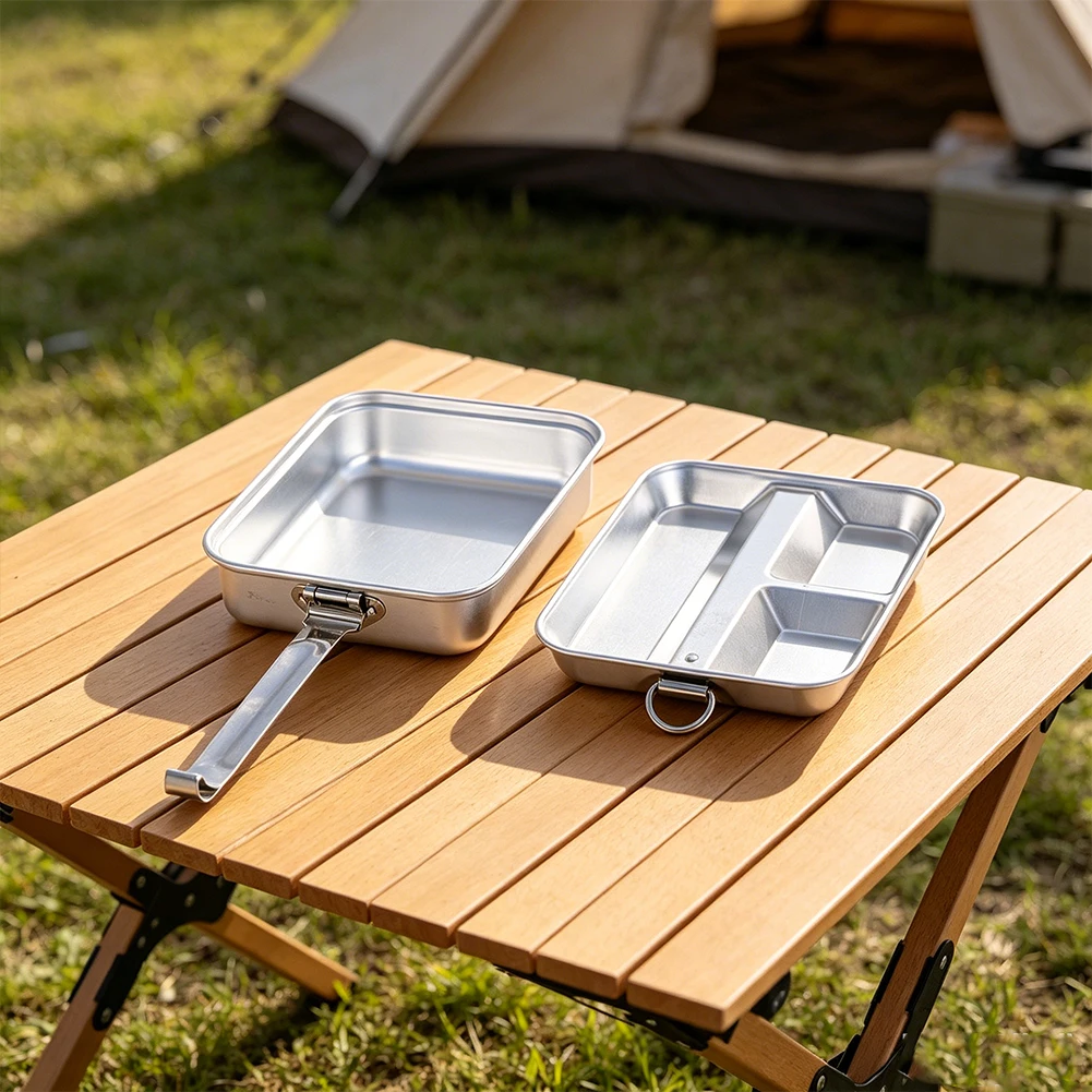 Retro Camping Mess Kit Aluminum Lunch Box with Folding Handle 3 Compartments Food Tray Pot Pan Bushcraft Outdoor Cookware Set