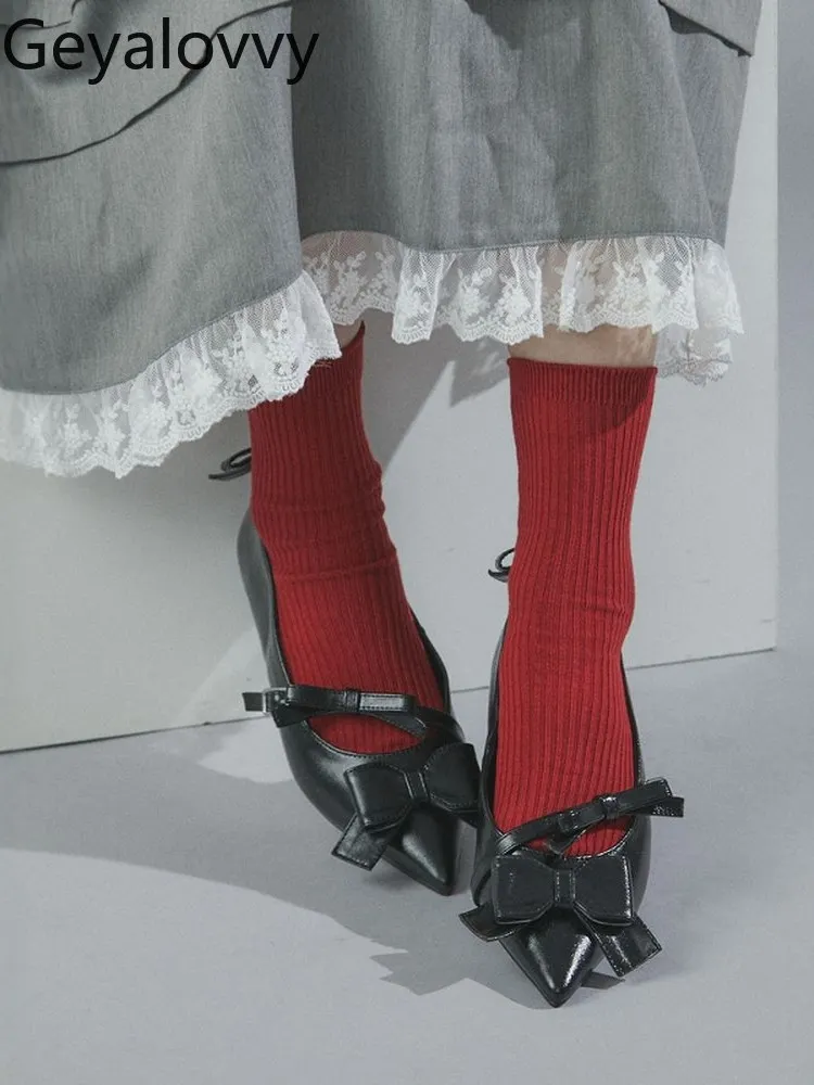 

Oblique Strap Design Sweet Cute Retro Bows Low-heeled Flats Japanese Style Pointed Toe Women's Pure Color Mary Jane Shoes