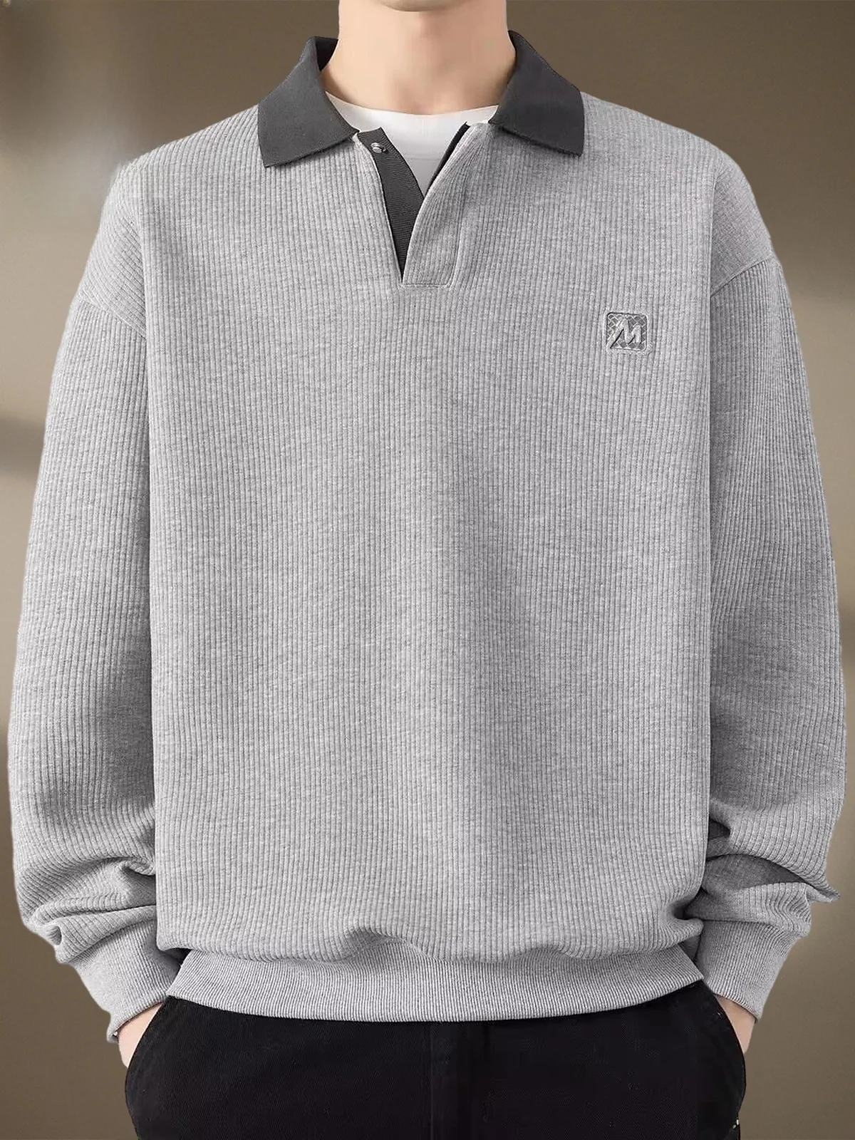 

Повседневный свитшот с длинными рукавами для мужчин, весенне-осенний, свободного кроя, удобный базовый слой, топ с отложным воротником