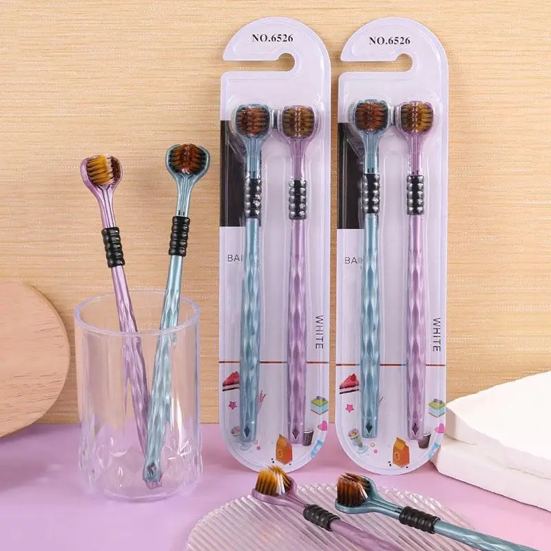 2pcs 3D Stereo Three-Sided Toothbrush Ultra Fine Soft Hair Adult Toothbrushes Tongue Scraper Oral Care 360° Cleaning Teeth Brush