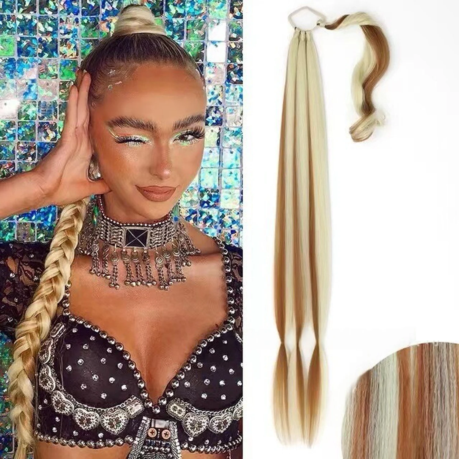 

Long DIY Boxing Braided Synthetic Ponytail Hair Extension with Hair Tie Straight Wrap Around Hair Extensions Secure Elastic 32 "