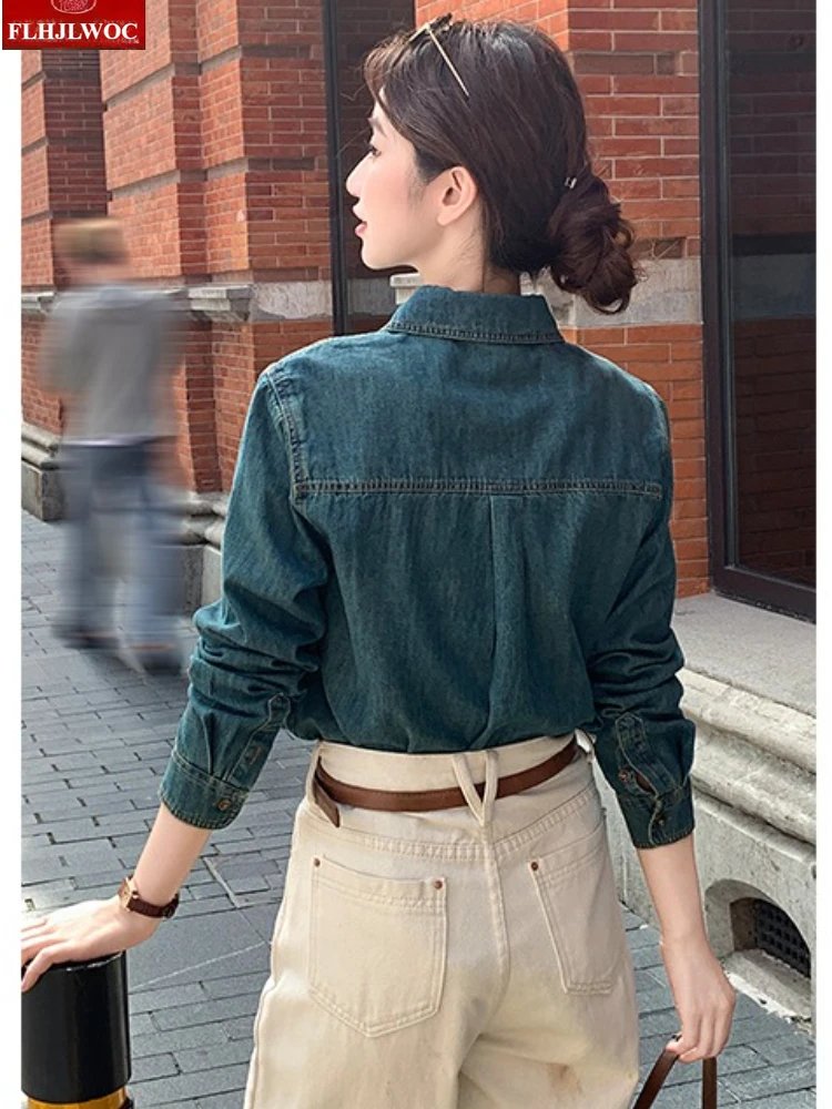 الأوروبي الرجعية الدنيم القمم ملابس خارجية فضفاضة السنة الجديدة الربيع المرأة طويلة الأكمام عادية خمر الوقوف طوق الأزرق الجينز قمصان دينيم #6