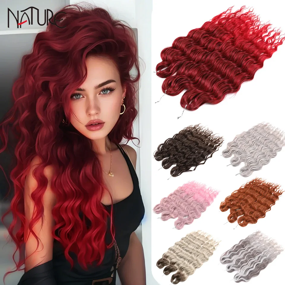 NATURE Ekstensi rambut Anna 24 inci rambut sintetis gelombang air kepang rambut Crochet tubuh rambut bergelombang Ombre merah pirang memutar rambut Crochet