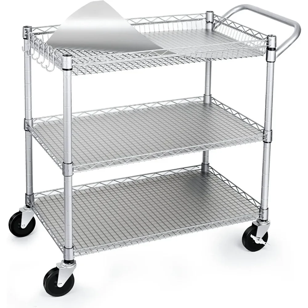 

Capacity Heavy Duty Rolling Utility Cart with Wheels, Metal Cart w/Handle Bar & Shelf Liner,Trolley for Restaurant&Kitchen