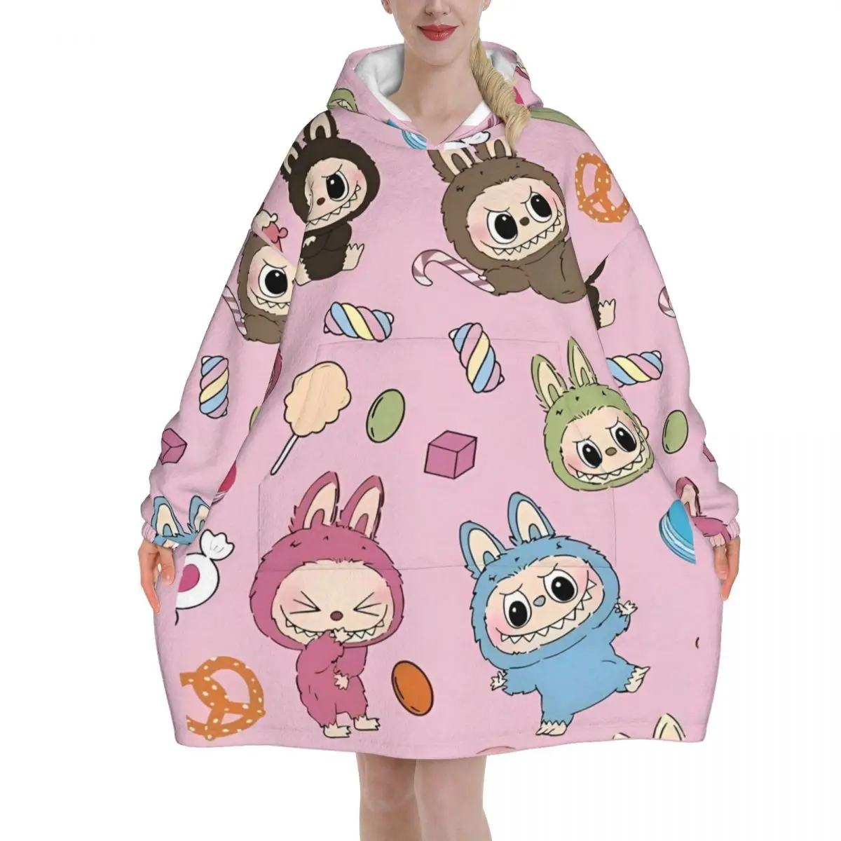 Kawaii Labubu Blanket Hoodie Oversized Wearable Sweatshirt Blanket Warm Gifts for Women Girls Girlfriend