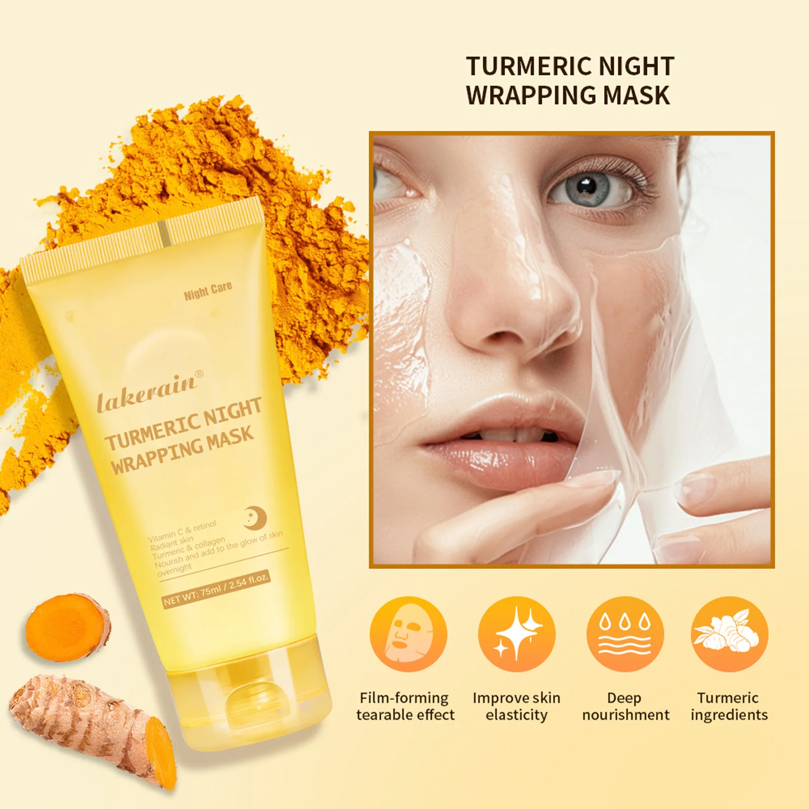 

Lakerain High Quality Facial Deep Moisturizing Firming Anti-Aging Retinol Apply Turmeric Tear Off Mask