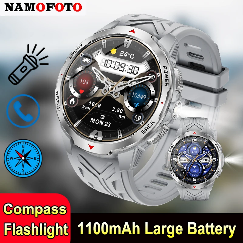 

NAMOFOTO Smart Watch LED Flashlight Outdoor Compass BT Calling Men Multi-Sports Fitness Tracker 1100Mah Large Battery Smartwatch