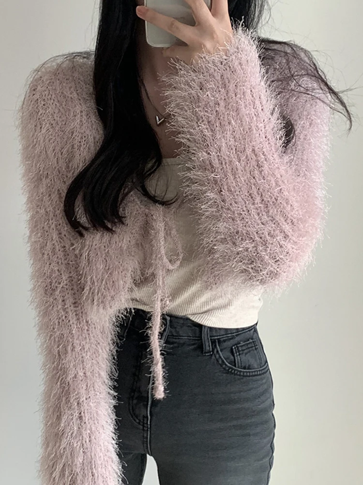 Korean Sle ort Knitted Sweater Coat Women's Autumn Winter High Waist Fluffy Cardigan Loose Fit Commute Sle Long Sve
