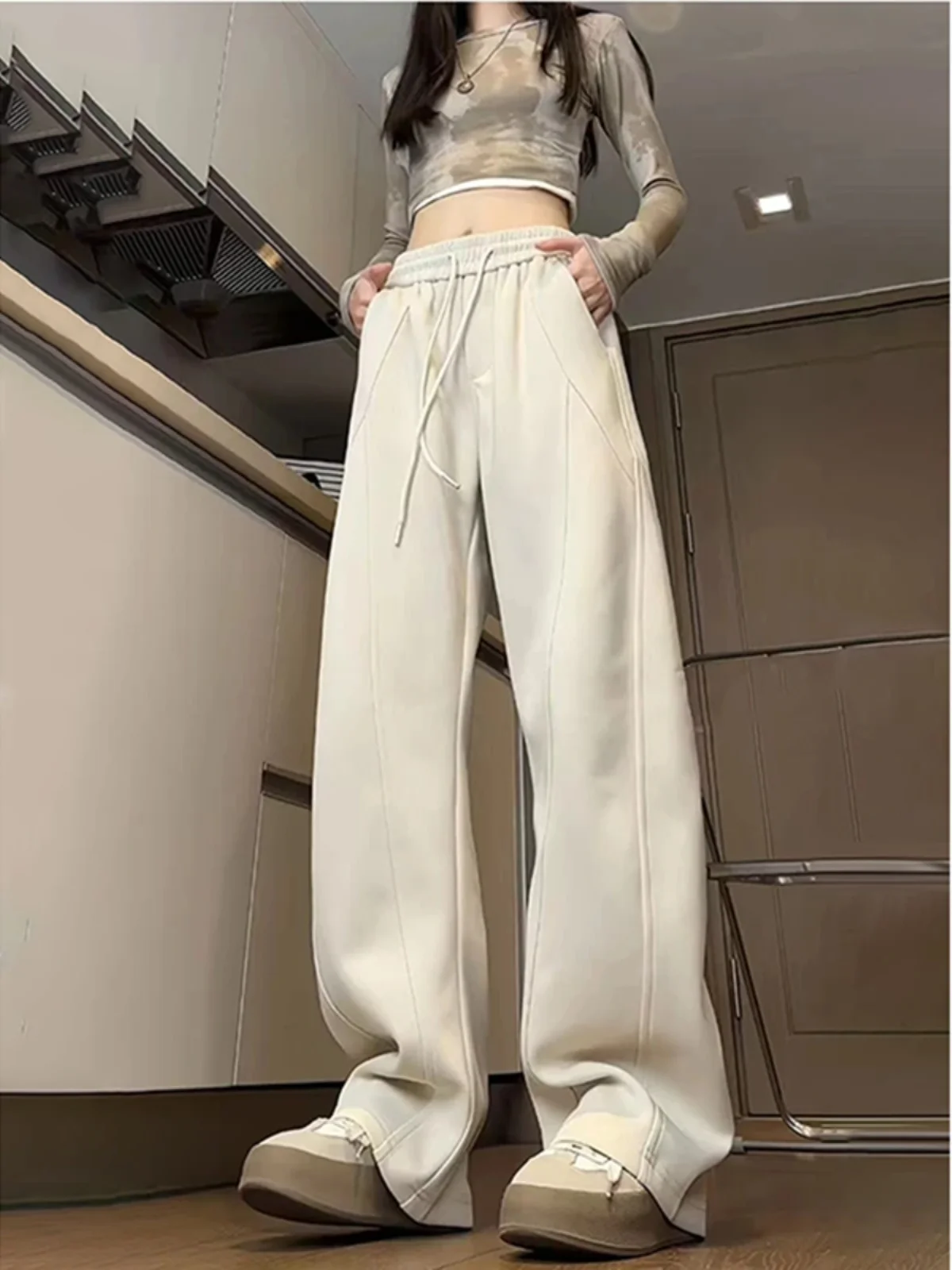 

Женские повседневные брюки с высокой талией, широкими штанинами, на флисовой подкладке, прямого кроя, свободного силуэта, осенне-весенние, бежевые