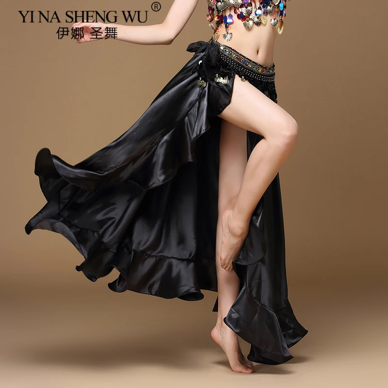 Bauchtanz Seite Ziehen Lange Satin Rock Dame Bauchtanz Röcke Frauen Sexy Orientalischen Bauchtanz Rock Professionelle 7 farben