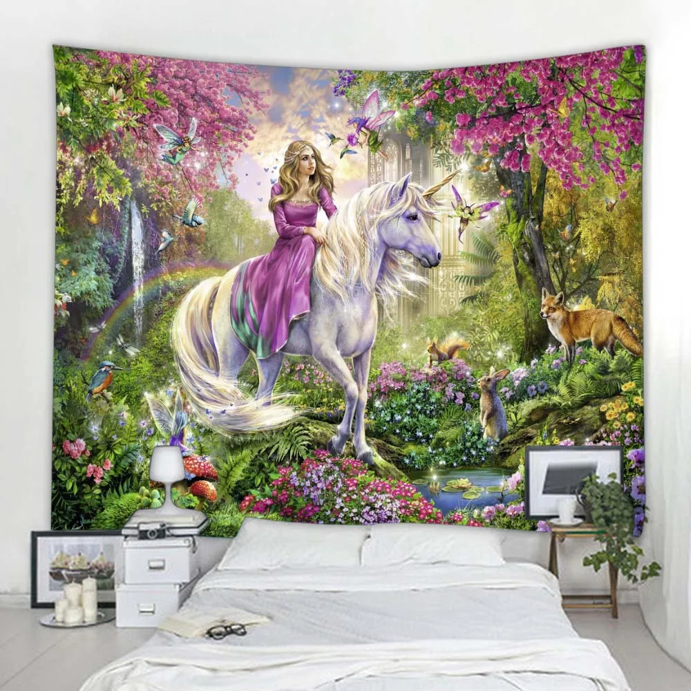 Fantasy scenery printed fabric large tapestry angel unicorn wall hanging bohemian bedroom living room wall art decoration