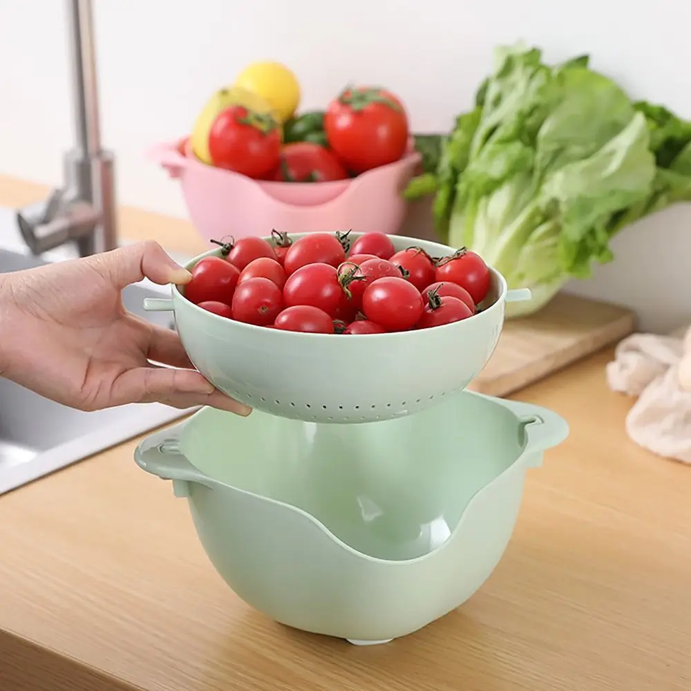 Escurridor giratorio de doble capa para verduras, cuenco de lavado de arroz con mango, utensilios de cocina, fregadero, verde, azul, Rosa