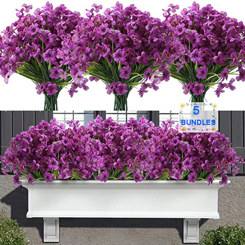 5 Bundles/Set Lifelike Violet Artificial Flowers for Outdoor Decor UV Resistant Fake Plants Outside Porch Wedding Decoration