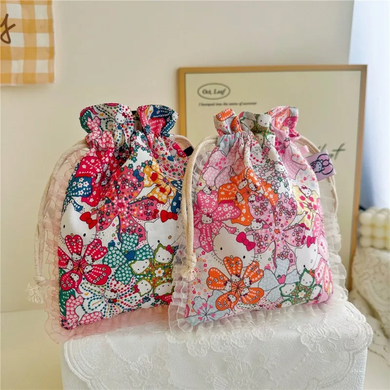 

Cute Hello Kitty Makeup Bag Cute Cartoon Small Floral Cotton Drawstring Pocket Women Supplies Storage Kawaii Girl Gift Wholesale