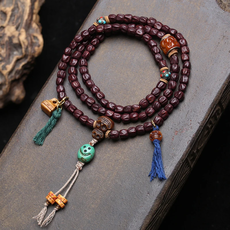 108 Passion Seed Bodhi Buddhist Beads Made From Recycled Old Yak Bone With Swallowing A-Dai Three-Way Connector Accessories