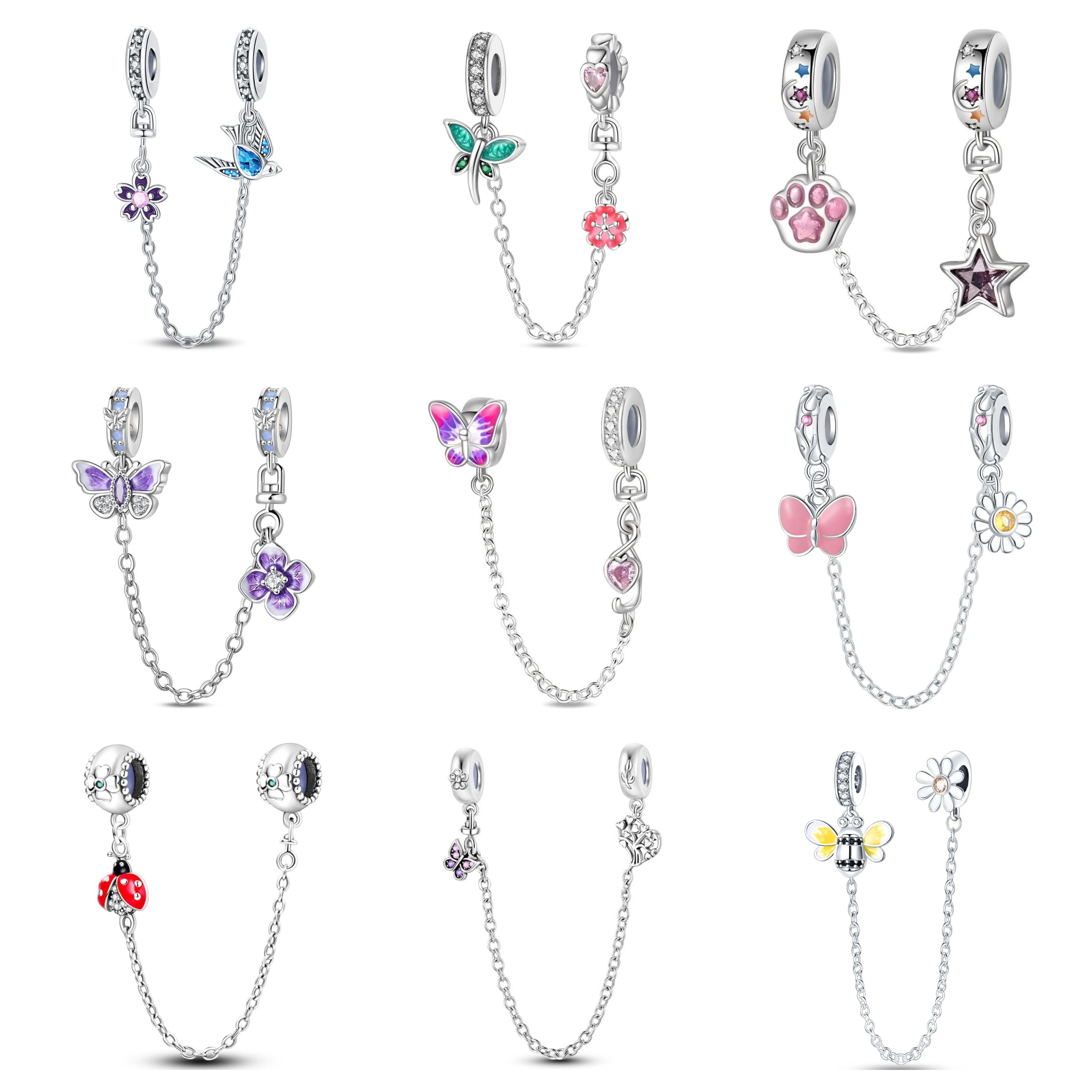 925 Sterling Silver Clover Ladybug Bee Butterfly Safety Chain Charm Fit Original Bracelet Pendants Dangle DIY Jewelry For Woman