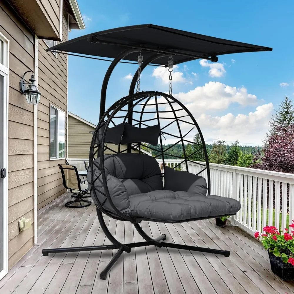 

Double Egg Chair Outdoor With Stand & Adjustable Canopy, Extra Large 2 Person Patio Egg Chair With Leg Rests, Hanging Swing