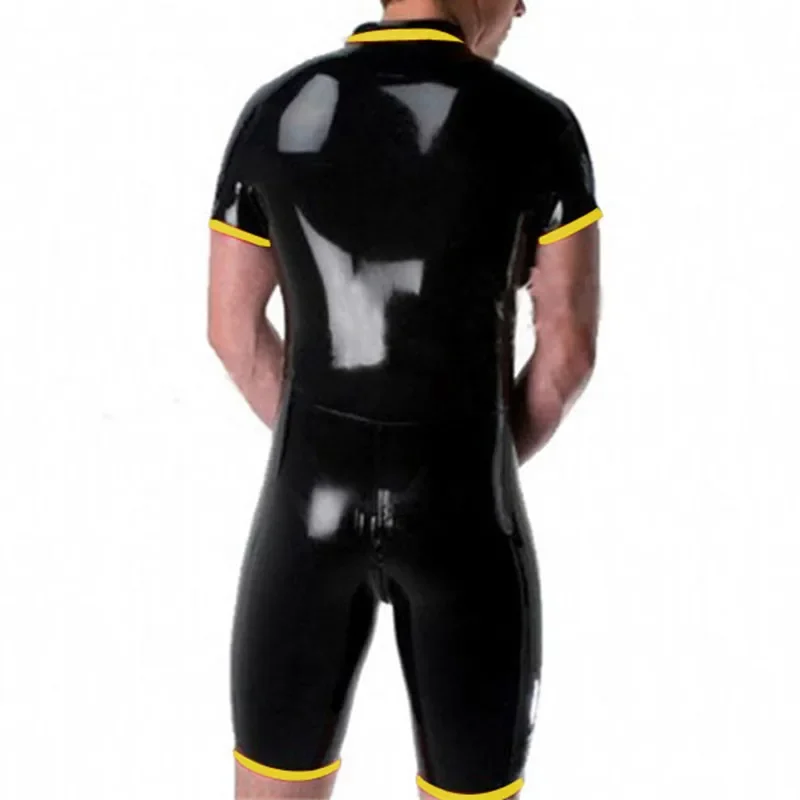 Latex Catsuit Men Yellow and Black Top  Shorts Siamese suit Hsome Racing suits Size S-XXL