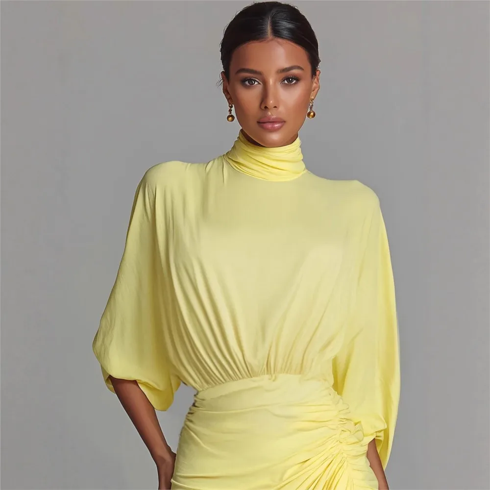 Women's Fashion Wrinkled Waist Temperament Yellow Dress Autumn High Neck Long Irregular Slit Elegant Slim Female Banquet Dresses
