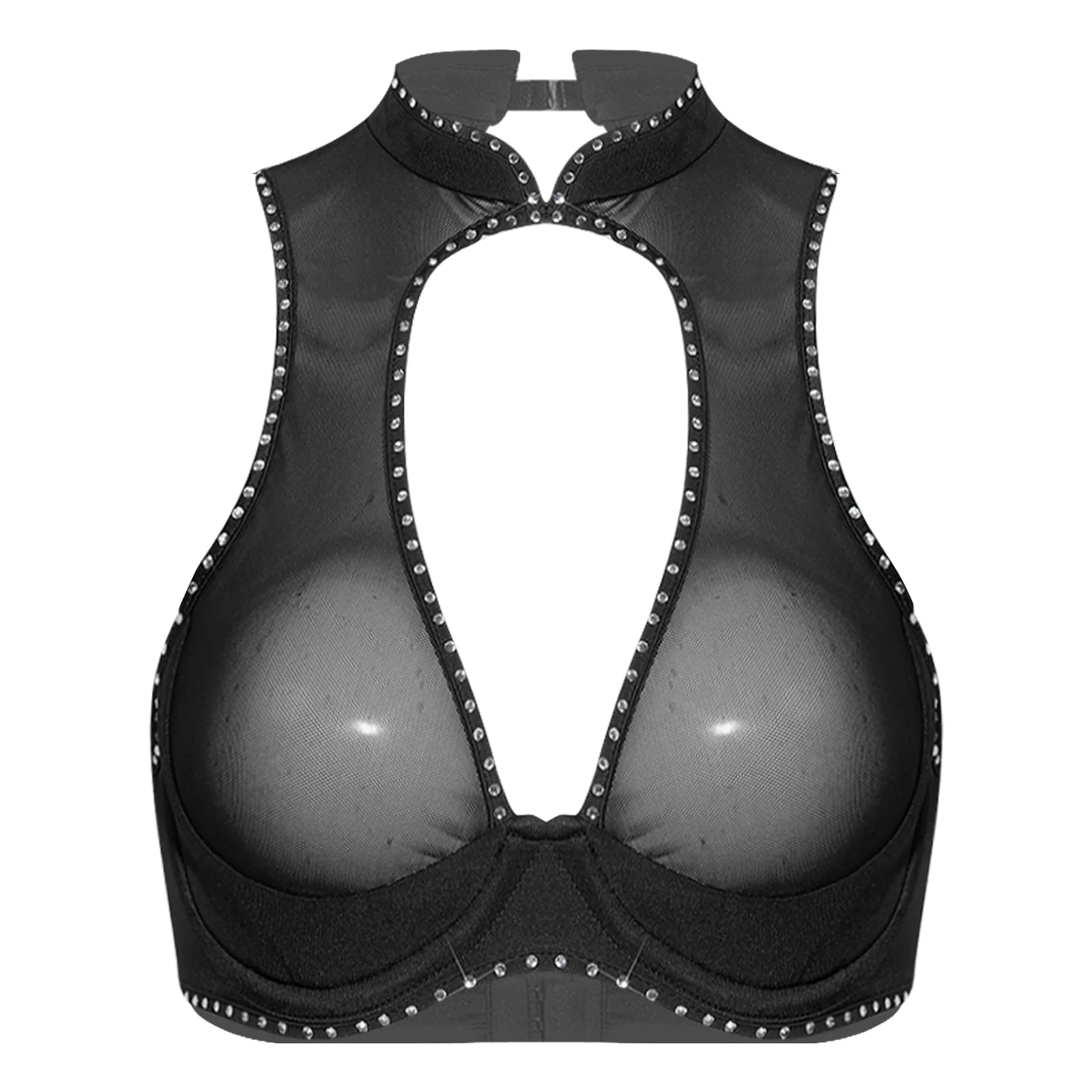 Womens See Through Bustier Tank Top Sexy Lingerie 1/4 Cup Push-up Underwire Bra Cropped Tops Hollow Out Backless Vest Clubwear