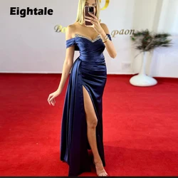 Eightale Navy Blue Evening Dress for Wedding Party V-Neck Beaded off Shoulder Mermaid Arabic Slit Customized Formal Prom Gowns