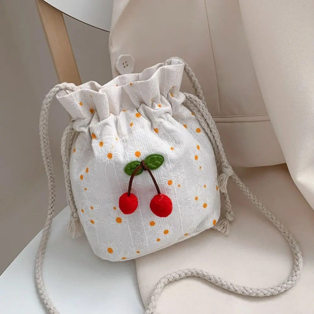 Korean Cute Canvas Cherry Bucket Bag for Women Summer Simple Casual Small Crossbody Bag Female Fashion Shoulder Bags