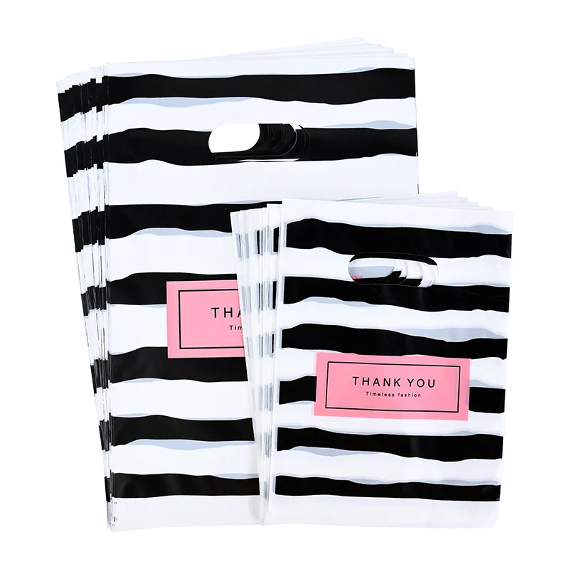 50Pcs/lot Black & White Striped Bags Packaging Gift Small Plastic Jewelry Thanks You Shopping Bags For Shop