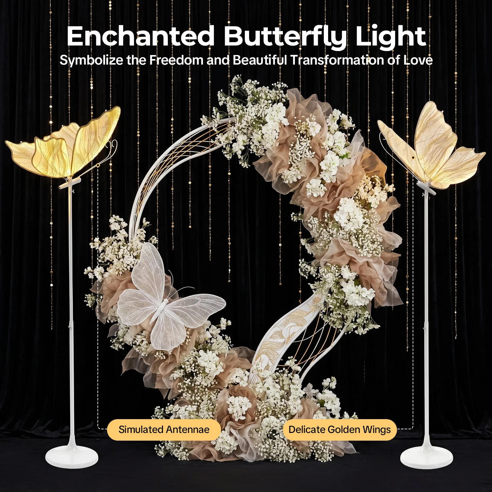 Set of 2 Adjustable Height Butterfly Wedding Floor Lamps, 57.5–70.1 Inch Gold Warm Light Hanging Decor Lights, Road Lead & T-Stage Prop for Wedding Party Event Arrangement