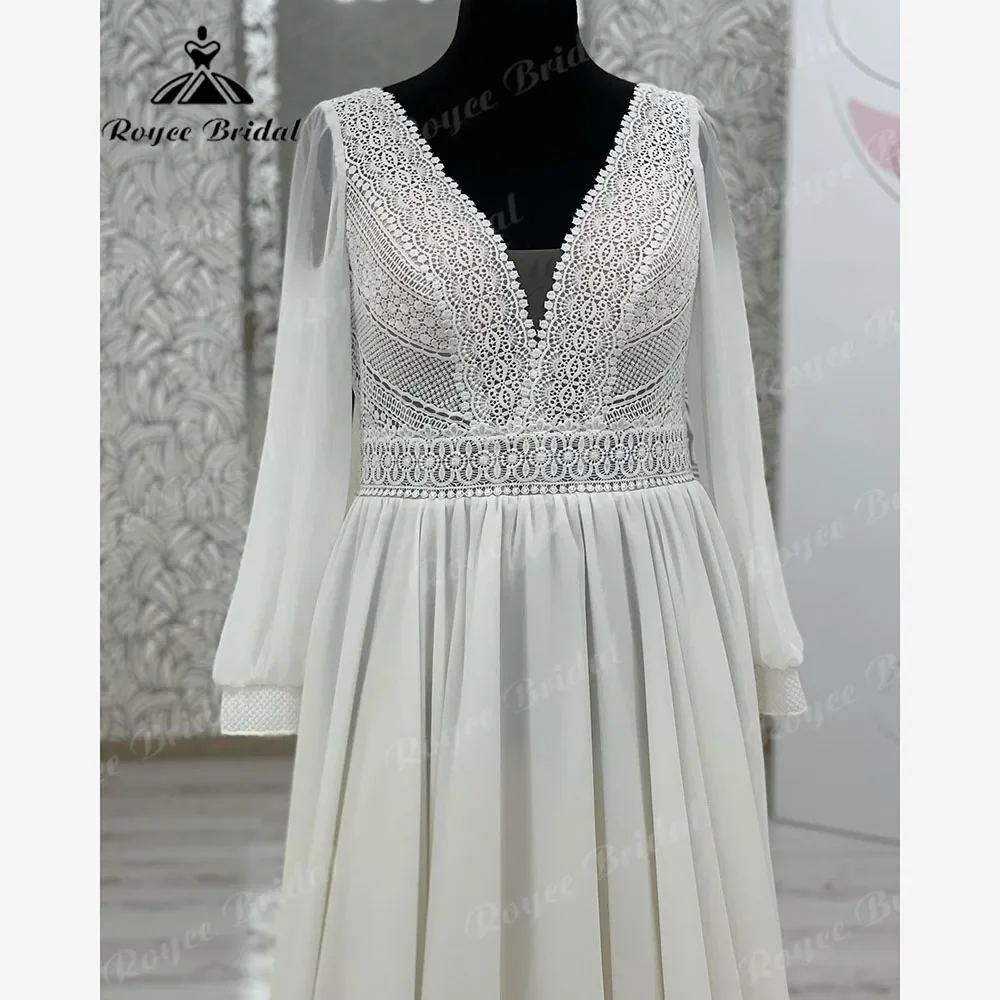 Modest Plus Size Boho Chiffon V Neck Long Sleeve Wedding Dress for Women 2025 robe boheme femme Bridal Gown Custom Made