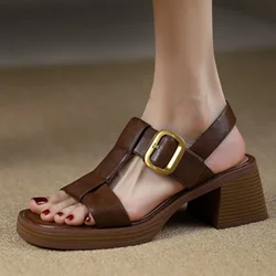 Summer Retro Platform Sandals Female Roman Thick Heeled Shoes Belt Buckle Open Toe Square Head High Heels Sandalias