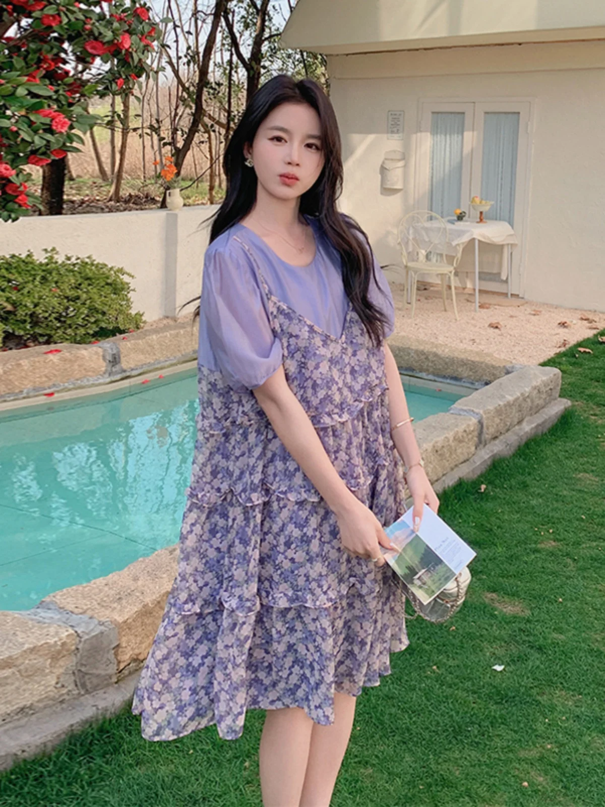 Saia Floral Roxa Ele para Mulheres Verão 2025 Nova Tamanho Pequeno Super Bonita Saia Coreana de Cintura Alta