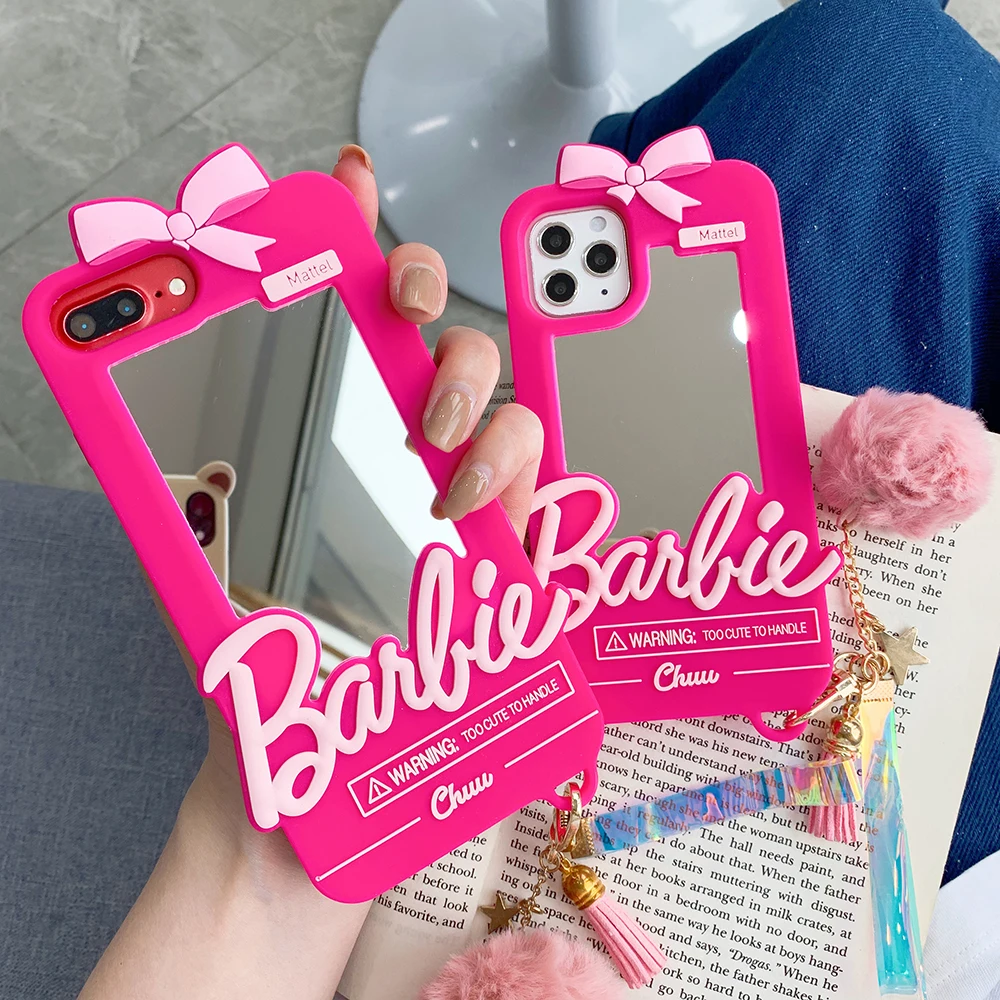 Bow Barbie Mirror Case Soft Silicone Cover With Hair Ball Pendant For iPhone 16 15 14 13 12 11 Pro X XS Max XR 7 8 6 6S Plus SE